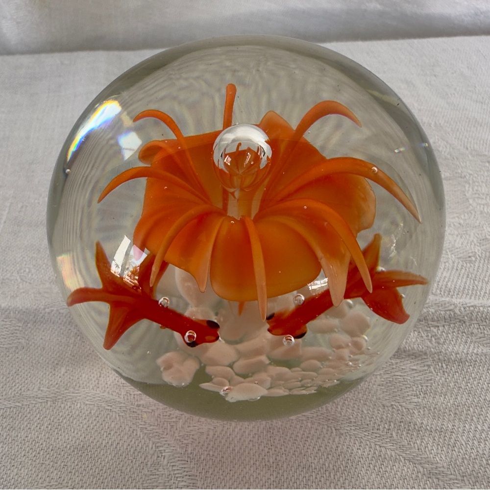 Hand-Blown Glass Paperweight with Orange Floral Sculpture and 2 goldfish